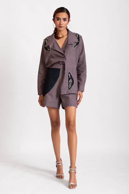 Rivi_Purple Hemp, Cotton Beads, Star Dust Hand Embroidered Shirt With Shorts _Online_at_Aza_Fashions