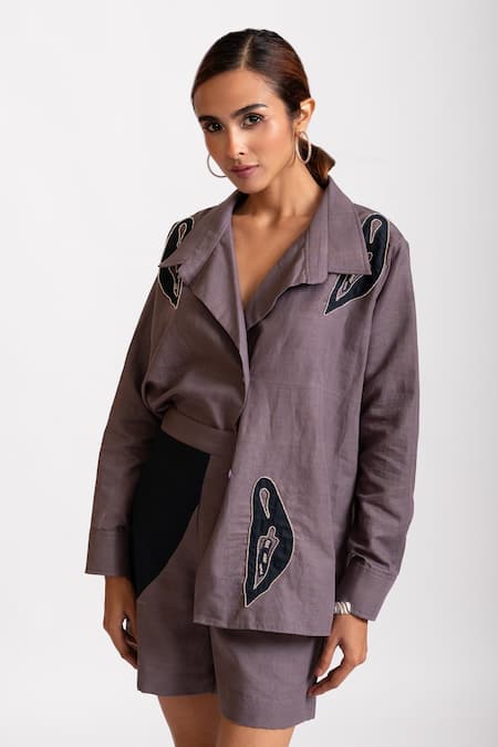 Shop_Rivi_Purple Hemp, Cotton Beads, Star Dust Hand Embroidered Shirt With Shorts _Online_at_Aza_Fashions