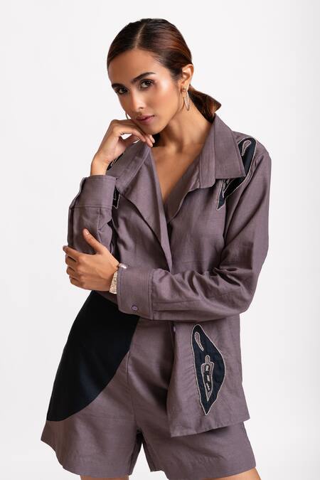 Rivi_Purple Hemp, Cotton Beads, Star Dust Hand Embroidered Shirt With Shorts _at_Aza_Fashions