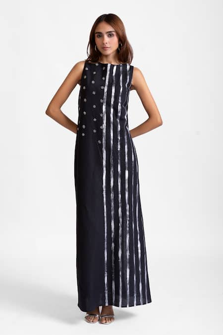 RIVI Black Hemp Hand Embroidered Bead Round Starlight Soiree Maxi Dress 