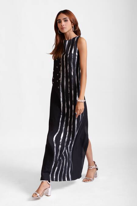 Rivi_Black Hemp, Cotton Beads, Embroidery Round Starlight Soiree Hand Maxi Dress _Online_at_Aza_Fashions