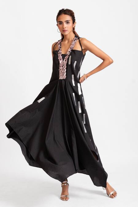 Rivi_Black Hemp, Cotton Patchwork Plunge Neck Starstruck Metallic Hand Painted Dress _Online_at_Aza_Fashions