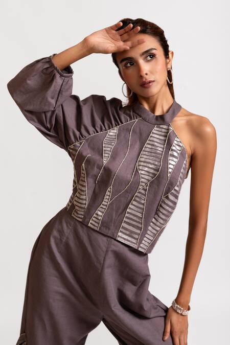 Shop_Rivi_Purple Hemp, Cotton Beads, Twilight Shimmer Asymmetric Shoulder Top With Pant _Online_at_Aza_Fashions