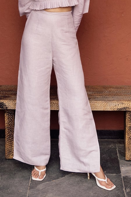 Rivi_Grey Bamboo, Hemp Patchwork V-neck Zen Pleated Top With Pant _Online_at_Aza_Fashions