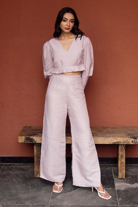 Rivi_Grey Hemp Patch V Neck Zen Pleated Top_Online_at_Aza_Fashions