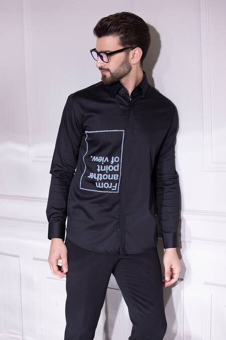 Shop Amit Arora Black Cotton, Lycra Beads Embellished Shirt at Aza Fashions Shop_Amit Arora_Black Cotton, Lycra Beads Embellished Shirt_at_Aza_Fashions