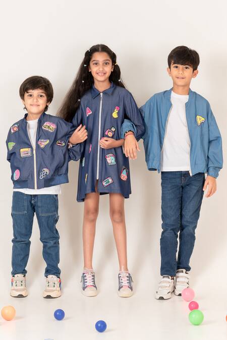 Panchhi By Kanupriya Tibrewala_Blue Denim Embroidery Full Of Joy Patchwork Bomber Jacket_Online_at_Aza_Fashions