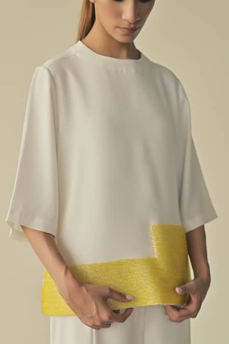 Somya Goyal_White Microfibre Faille- 95% Landscape Hem Top And Stella Flared Trouser Set_at_Aza_Fashions