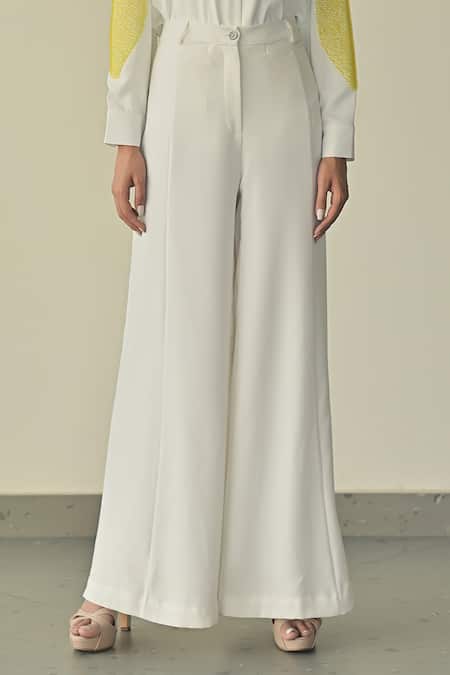 Somya Goyal_White Microfibre Faille- 95% Night Sky Sleeve Shirt And Stella Flared Trouser Set_Online_at_Aza_Fashions