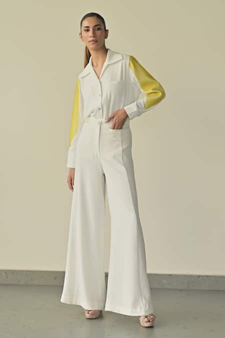 Buy_Somya Goyal_White Microfibre Faille- 95% Night Sky Sleeve Shirt And Stella Flared Trouser Set_Online_at_Aza_Fashions