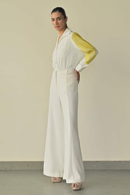 Shop_Somya Goyal_White Microfibre Faille- 95% Night Sky Sleeve Shirt And Stella Flared Trouser Set_Online_at_Aza_Fashions