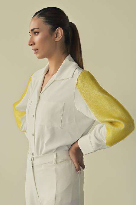 Somya Goyal_White Microfibre Faille- 95% Night Sky Sleeve Shirt And Stella Flared Trouser Set_at_Aza_Fashions