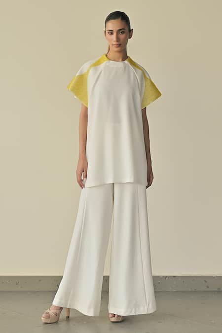 Somya Goyal_White Microfibre Faille- 95% Contoured Sleeve Shirt And Stella Flared Trouser Set_Online_at_Aza_Fashions