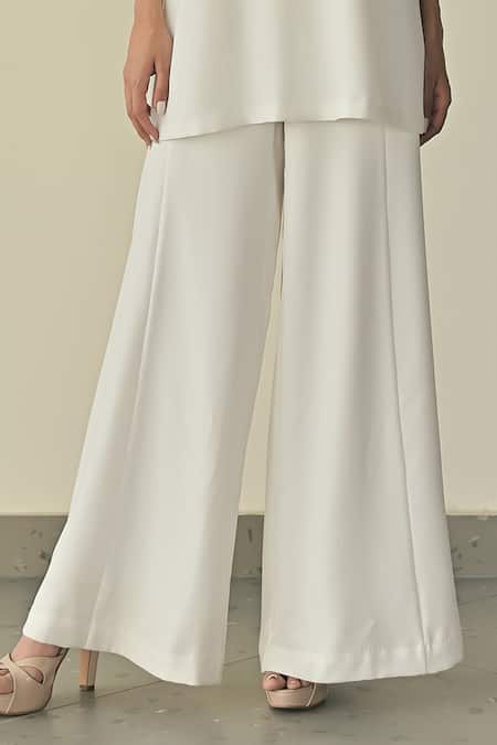 Buy_Somya Goyal_White Microfibre Faille- 95% Contoured Sleeve Shirt And Stella Flared Trouser Set_Online_at_Aza_Fashions