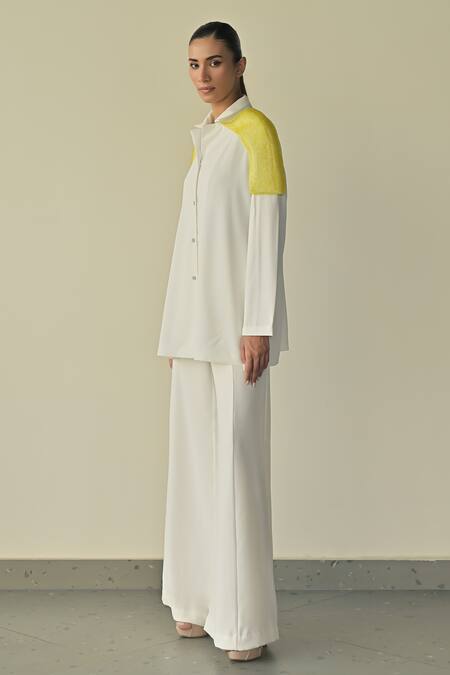 Buy_Somya Goyal_White Microfibre Faille- 95% Sleeve Shirt And Stella Flared Trouser Set_Online_at_Aza_Fashions