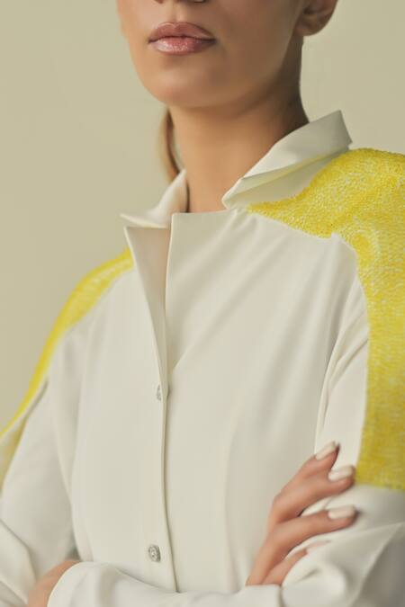 Shop_Somya Goyal_White Microfibre Faille- 95% Sleeve Shirt And Stella Flared Trouser Set_Online_at_Aza_Fashions