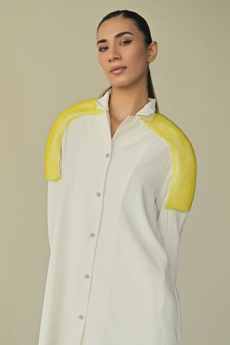 Somya Goyal_White Microfibre Faille- 95% Sleeve Shirt And Stella Flared Trouser Set_at_Aza_Fashions