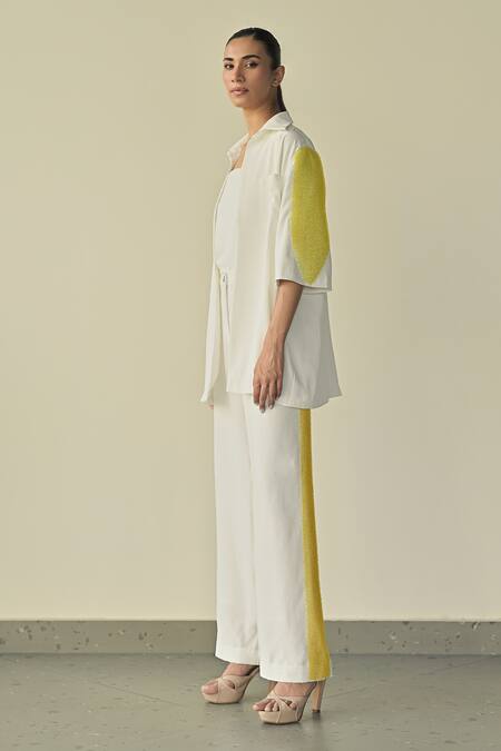 Somya Goyal_White Microfibre Faille- 95% Sleeve Shirt And Straight-fit Trouser Set_at_Aza_Fashions