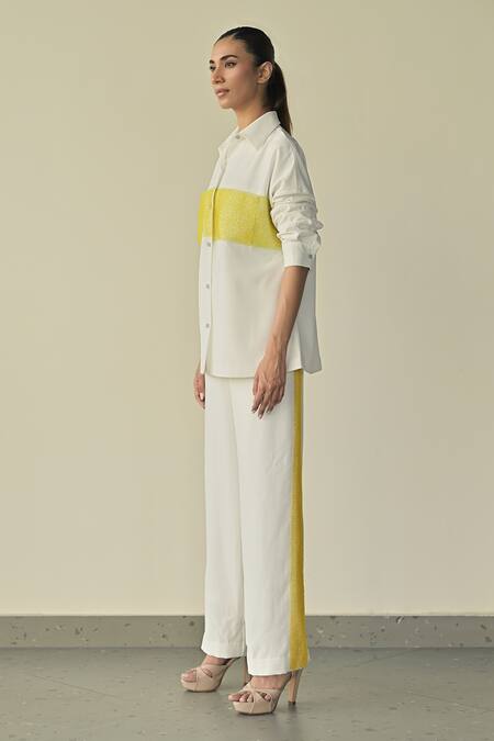 Somya Goyal_White Spandex, Microfiber, Polyester Crystals, Embroidery Shirt And Trouser Set_Online_at_Aza_Fashions
