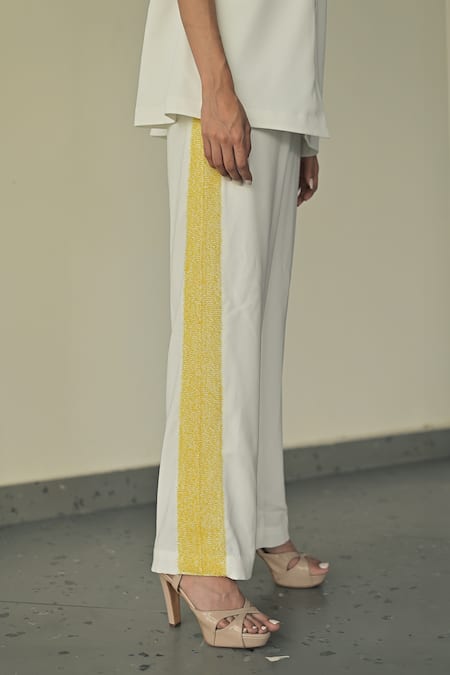 Buy_Somya Goyal_White Spandex, Microfiber, Polyester Crystals, Embroidery Shirt And Trouser Set_Online_at_Aza_Fashions