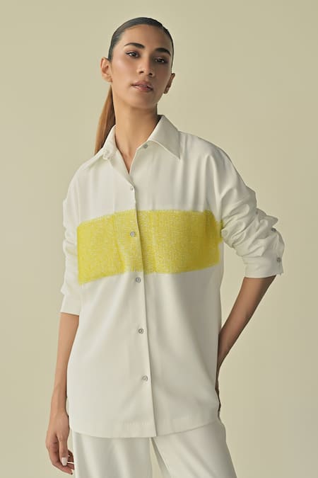 Shop_Somya Goyal_White Spandex, Microfiber, Polyester Crystals, Embroidery Shirt And Trouser Set_Online_at_Aza_Fashions