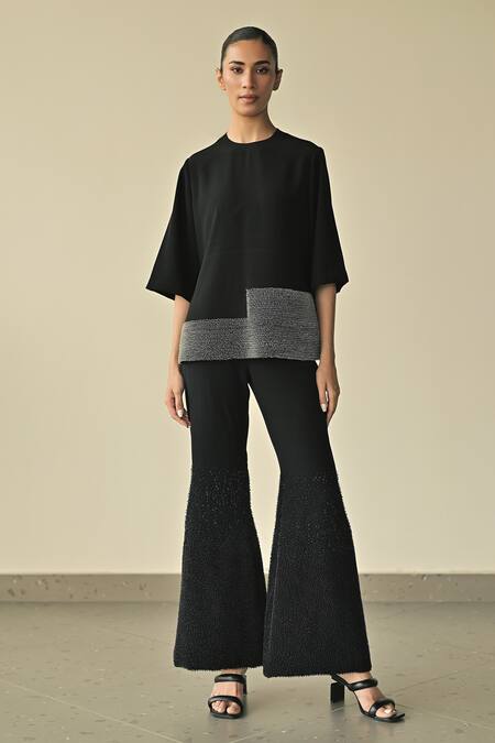 Shop_Somya Goyal_Black 95% Viscose Blend Landscape Hem Top And Gradated Bell Bottom Trouser Set_Online_at_Aza_Fashions
