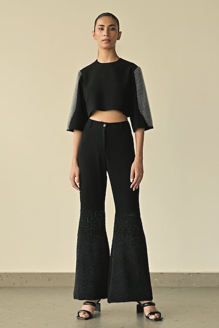 Somya Goyal Black 95% Viscose Blend Sleeve Crop Top And Gradated Bell Bottom Trouser Set 