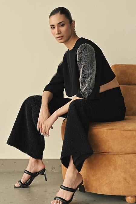 Somya Goyal_Black 95% Viscose Blend Sleeve Crop Top And Gradated Bell Bottom Trouser Set_Online_at_Aza_Fashions