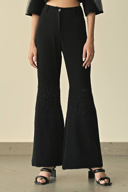 Buy_Somya Goyal_Black 95% Viscose Blend Sleeve Crop Top And Gradated Bell Bottom Trouser Set_Online_at_Aza_Fashions