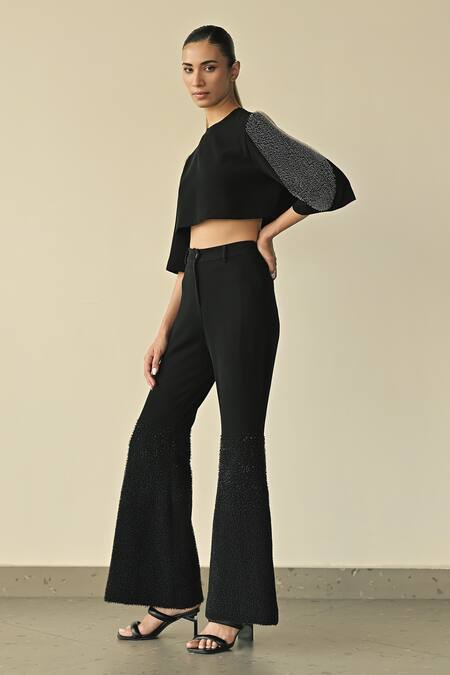 Shop_Somya Goyal_Black 95% Viscose Blend Sleeve Crop Top And Gradated Bell Bottom Trouser Set_Online_at_Aza_Fashions
