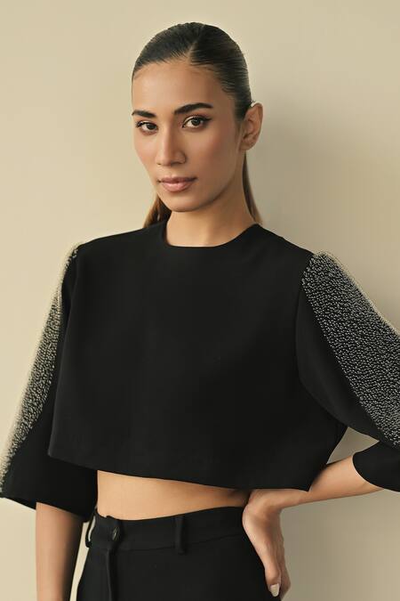 Somya Goyal_Black 95% Viscose Blend Sleeve Crop Top And Gradated Bell Bottom Trouser Set_at_Aza_Fashions