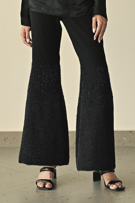 Somya Goyal Black 95% Viscose Blend Empire Top And Gradated Bell Bottom Trouser Set Online at Aza Fashions Somya Goyal_Black 95% Viscose Blend Empire Top And Gradated Bell Bottom Trouser Set_Online_at_Aza_Fashions