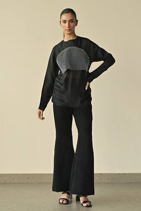 Buy_Somya Goyal_Black 95% Viscose Blend Empire Top And Gradated Bell Bottom Trouser Set_Online_at_Aza_Fashions