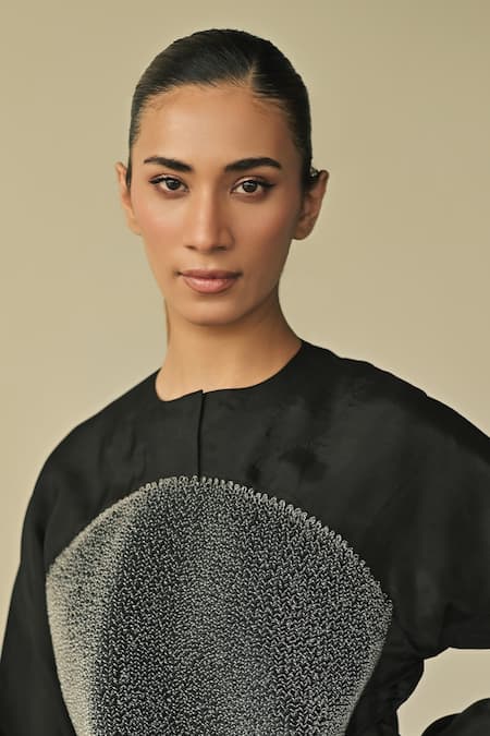 Shop_Somya Goyal_Black 95% Viscose Blend Empire Top And Gradated Bell Bottom Trouser Set_Online_at_Aza_Fashions