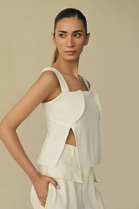 Buy_Somya Goyal_White Microfibre Contoured Solid Slit Top And Seam Line Stitched Cargo Trouser Set_Online_at_Aza_Fashions