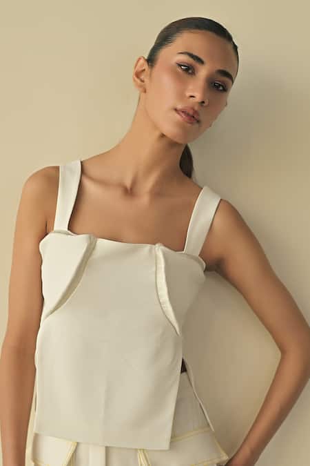 Shop_Somya Goyal_White Microfibre Contoured Solid Slit Top And Seam Line Stitched Cargo Trouser Set_Online_at_Aza_Fashions