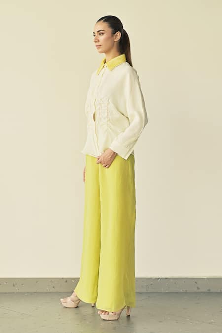 Shop Somya Goyal Green Super Organza Embroidered Crystals Collar Shirt And Flared Trouser Set at Aza Fashions Shop_Somya Goyal_Green Super Organza Embroidered Crystals Collar Shirt And Flared Trouser Set_at_Aza_Fashions