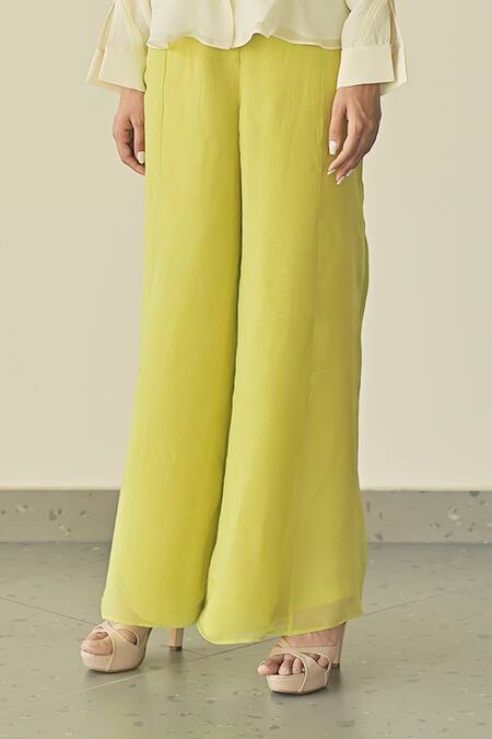 Somya Goyal Green Super Organza Embroidered Crystals Collar Shirt And Flared Trouser Set Online at Aza Fashions Somya Goyal_Green Super Organza Embroidered Crystals Collar Shirt And Flared Trouser Set_Online_at_Aza_Fashions