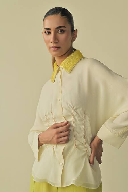 Buy_Somya Goyal_Green Super Organza Embroidered Crystals Collar Shirt And Flared Trouser Set_Online_at_Aza_Fashions