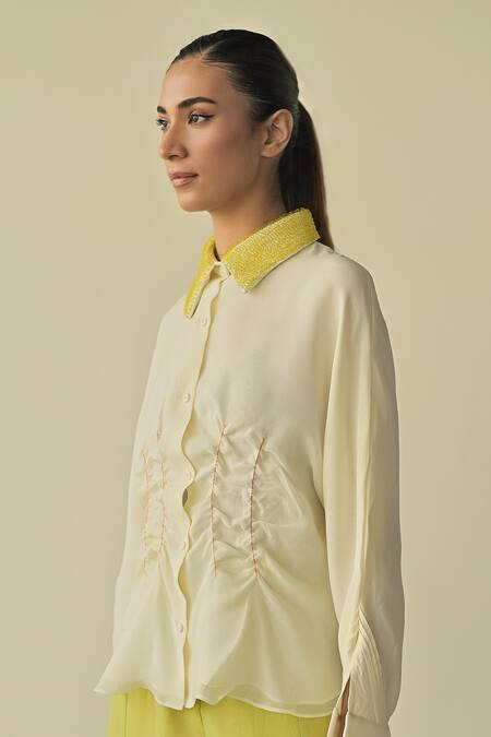 Shop_Somya Goyal_Green Super Organza Embroidered Crystals Collar Shirt And Flared Trouser Set_Online_at_Aza_Fashions