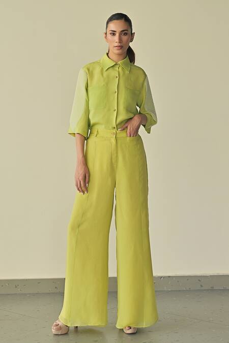 Somya Goyal_Green Super Organza Embroidered Crystals Sleeve Shirt And Flared Trouser Set_Online_at_Aza_Fashions