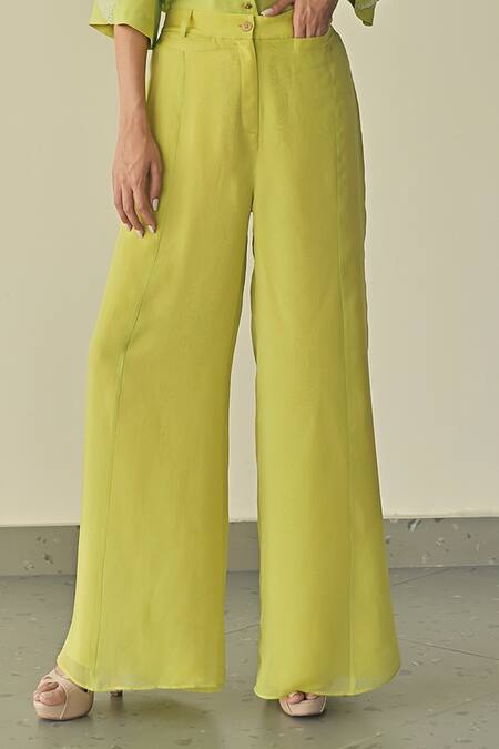 Buy_Somya Goyal_Green Super Organza Embroidered Crystals Sleeve Shirt And Flared Trouser Set_Online_at_Aza_Fashions