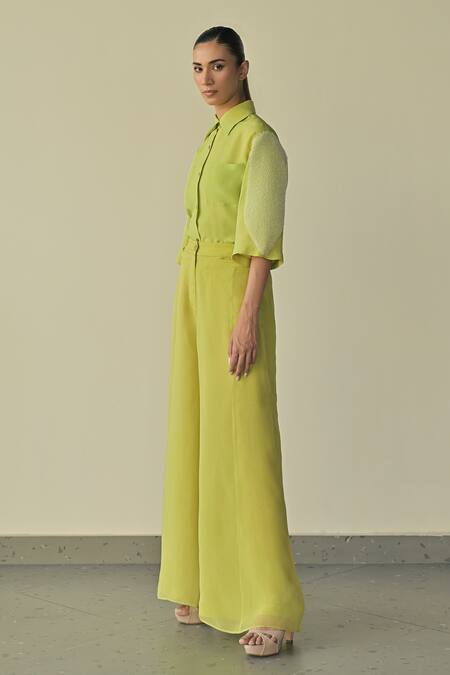 Shop_Somya Goyal_Green Super Organza Embroidered Crystals Sleeve Shirt And Flared Trouser Set_Online_at_Aza_Fashions