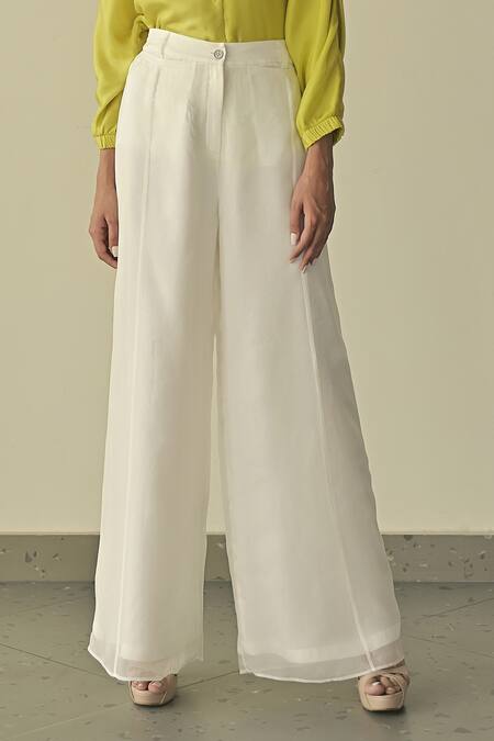 Somya Goyal_White Silk, Organza Crystals Collared Embroidered Shirt And Trouser Set_Online_at_Aza_Fashions