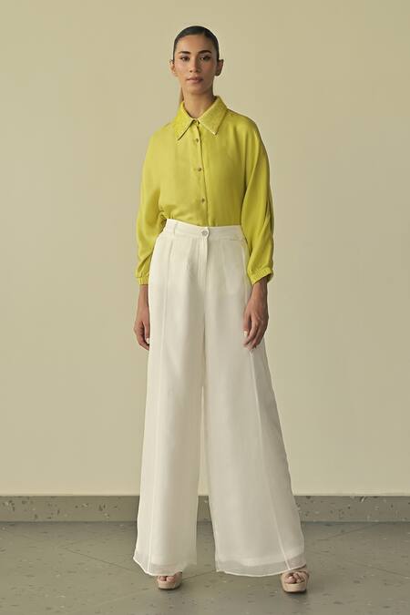 Buy_Somya Goyal_White Silk, Organza Crystals Collared Embroidered Shirt And Trouser Set_Online_at_Aza_Fashions