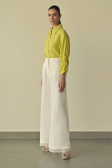 Shop_Somya Goyal_White Silk, Organza Crystals Collared Embroidered Shirt And Trouser Set_Online_at_Aza_Fashions