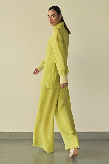 Shop_Somya Goyal_Green Organza Crystals Collared Cuff Embroidered Shirt And Trouser Set _at_Aza_Fashions