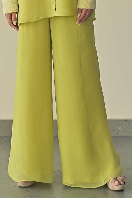 Somya Goyal Green Organza Crystals Collared Cuff Embroidered Shirt And Trouser Set Online at Aza Fashions Somya Goyal_Green Organza Crystals Collared Cuff Embroidered Shirt And Trouser Set _Online_at_Aza_Fashions