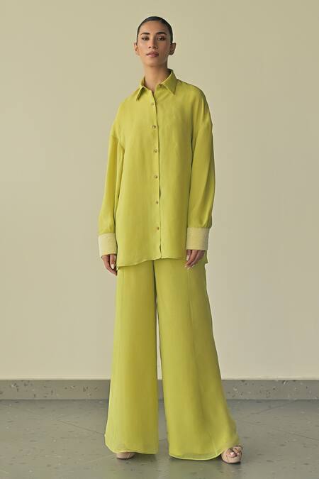 Buy_Somya Goyal_Green Organza Crystals Collared Cuff Embroidered Shirt And Trouser Set _Online_at_Aza_Fashions