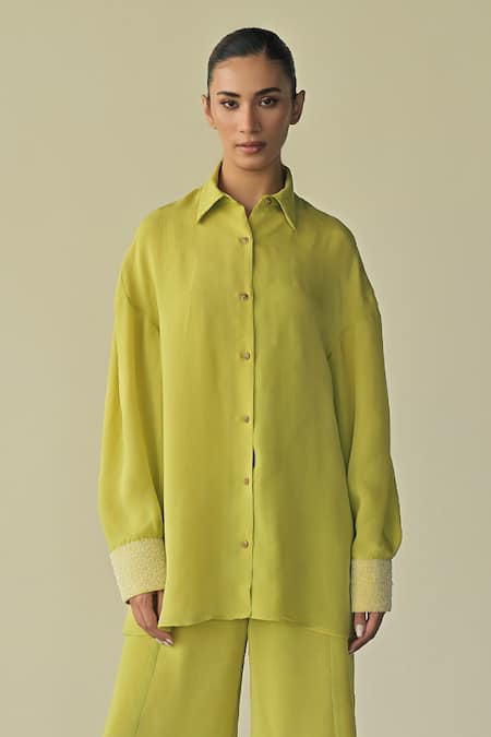 Shop Somya Goyal Green Organza Crystals Collared Cuff Embroidered Shirt And Trouser Set Online at Aza Fashions Shop_Somya Goyal_Green Organza Crystals Collared Cuff Embroidered Shirt And Trouser Set _Online_at_Aza_Fashions